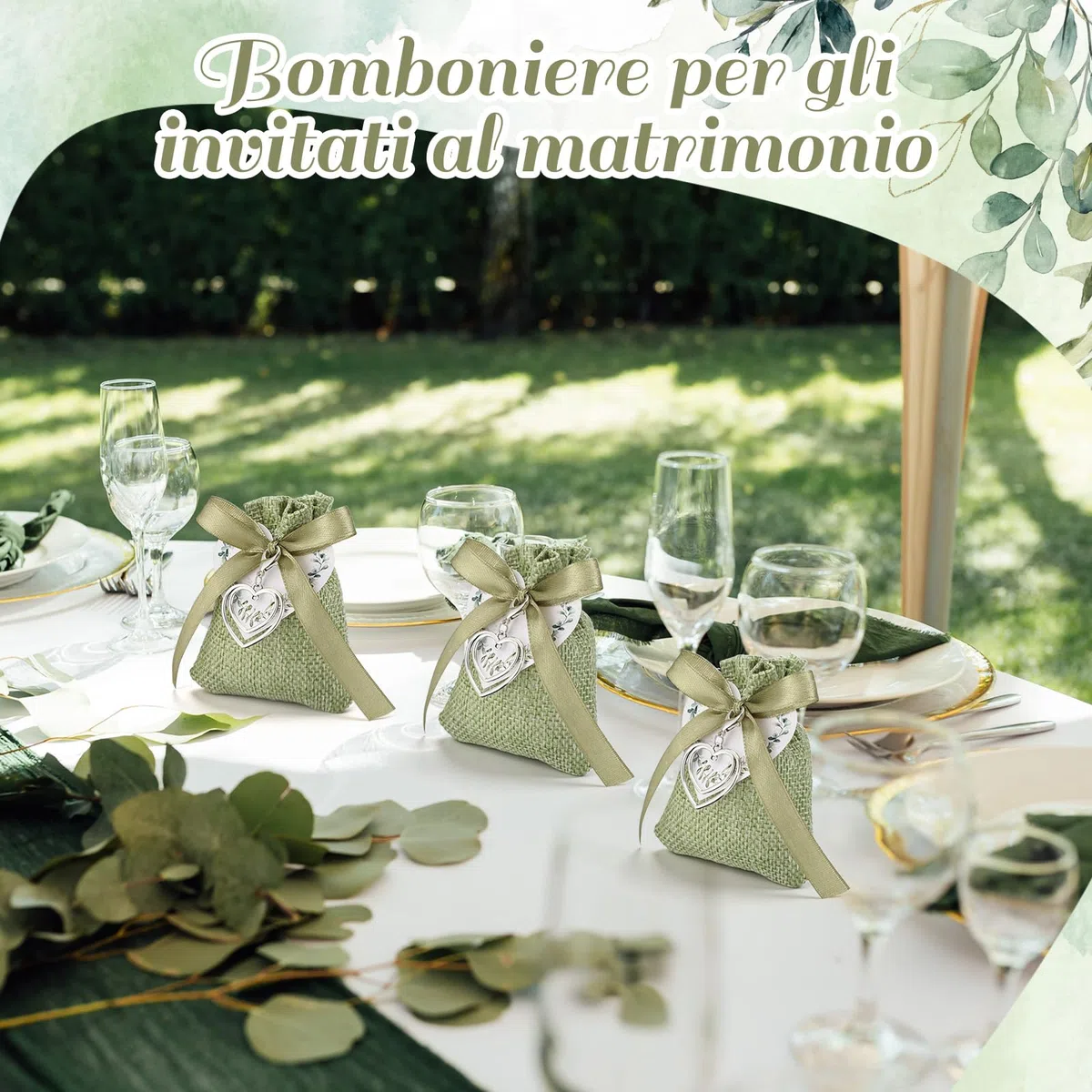 BBTO 36 Set Sacchetti per Confetti in Lino Sacchettini Bomboniere Matrimonio Comunione Cresima con Portachiavi Cuore e Bigliettino Nastri Sacchetti Regalo per Fidanzamento Battesimo Festa
