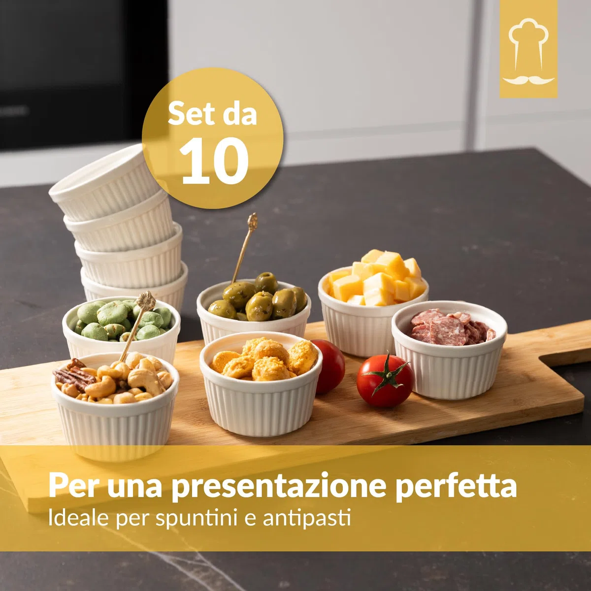 Chefarone Set 10 Stampi Soufflé 170 ml – Pirottini in Ceramica Bianca Riutilizzabili per Crème Brûlée, Dolci e Antipasti – Lavabili in Lavastoviglie, Microonde e Forno
