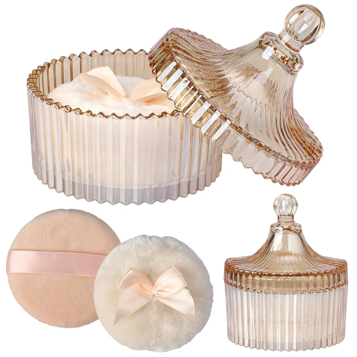 Set di 3 contenitori per polvere in vetro, contenitore per polvere per il corpo, contenitore per polvere per il corpo, talco, polvere cosmetica per il compleanno, regalo (senza polvere) (ambra