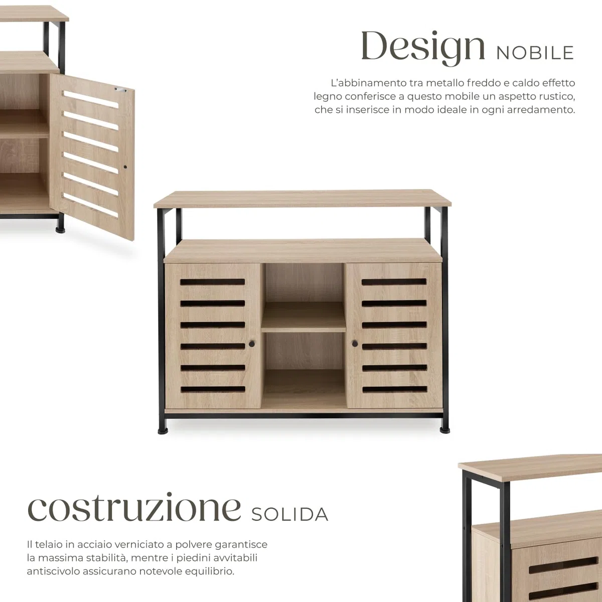tectake® Credenza Cucina 100x37x82cm, Mobile Cucina, Dispensa Salvaspazio Armadio 2 ante, 2 Ripiani, Mensole Regolabili per Piatti e Pentole, Soggiorno, Sala da pranzo - Legno Industriale Chiaro