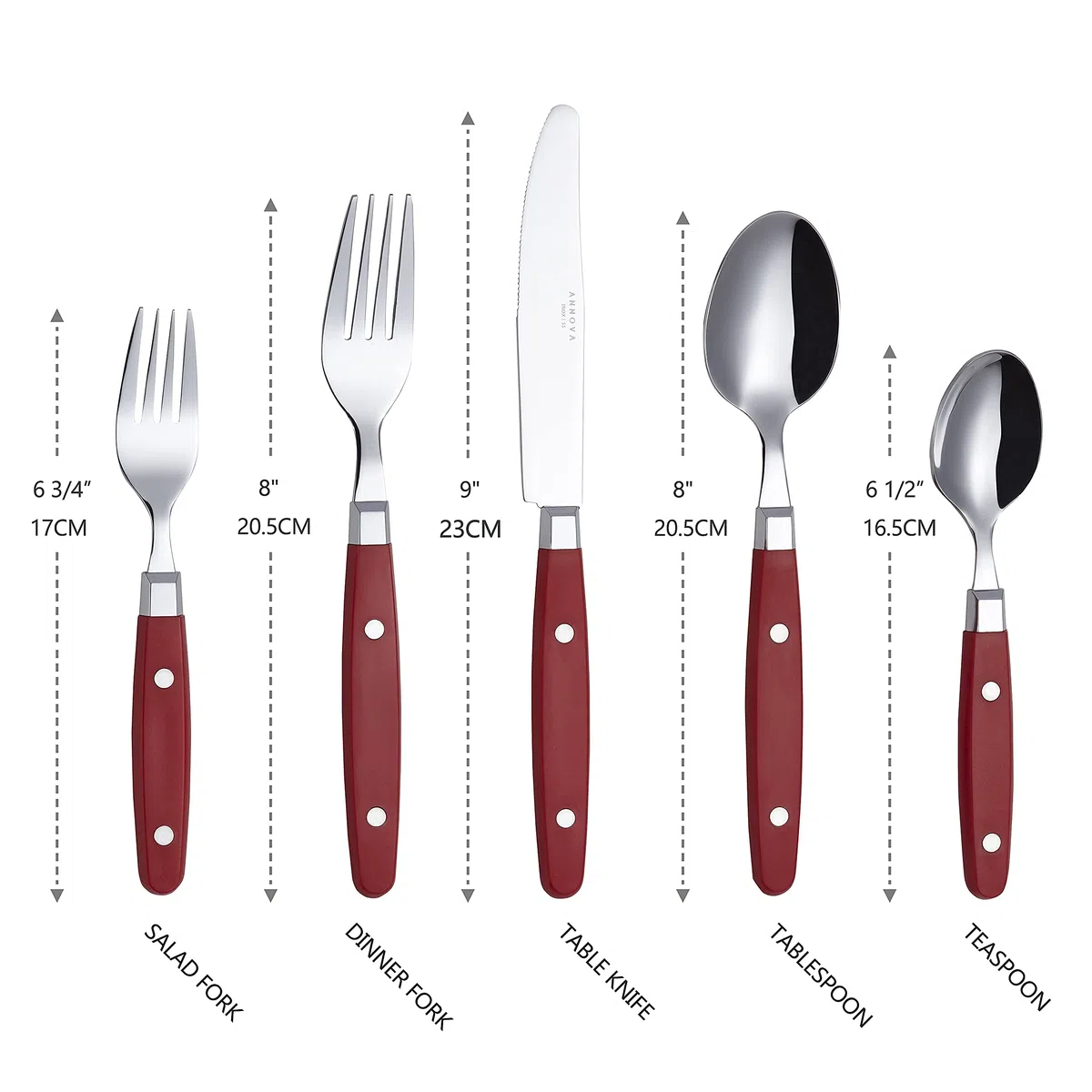 Annova, set di posate in acciaio inox con manico colorato con rivetto/posate stile retrò (Rosso, 20 Pieces)