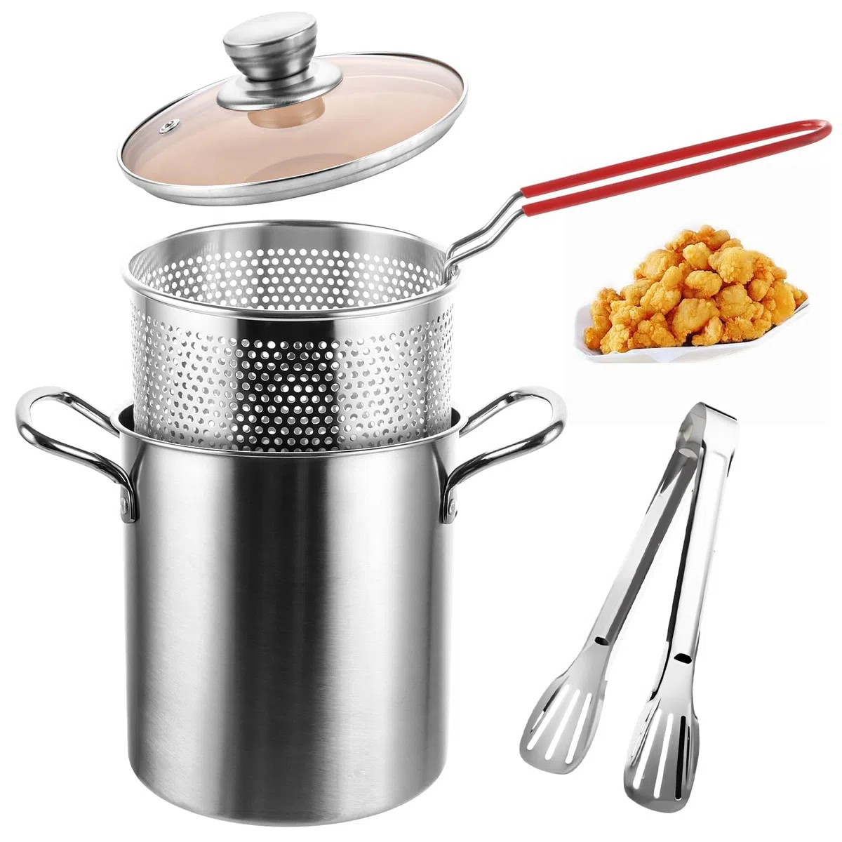 Pentola per asparagi in acciaio inox, 3 l, alta pentola, setaccio con manico, asparagus pot, pasta pot, friggitrice con pinze e vetro Lid, per una varietà di piani cottura e lavastoviglie
