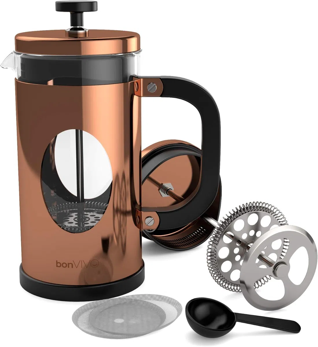 bonVIVO Caffettiera a Stantuffo French Press 8 Tazze (1000 ml) – Caffettiera in Vetro Borosilicato e Acciaio Inox per Caffè, Tè, Infusi e Cold Brew – Design Elegante Rame