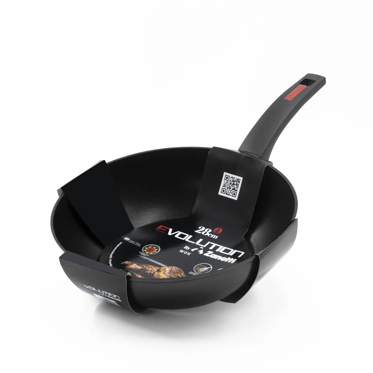 Zanetti Evolution Wok per Induzione, Diametro 28 cm, Padella con Fondo Antiaderente, Alto Spessore, Impugnatura Comoda, Nero