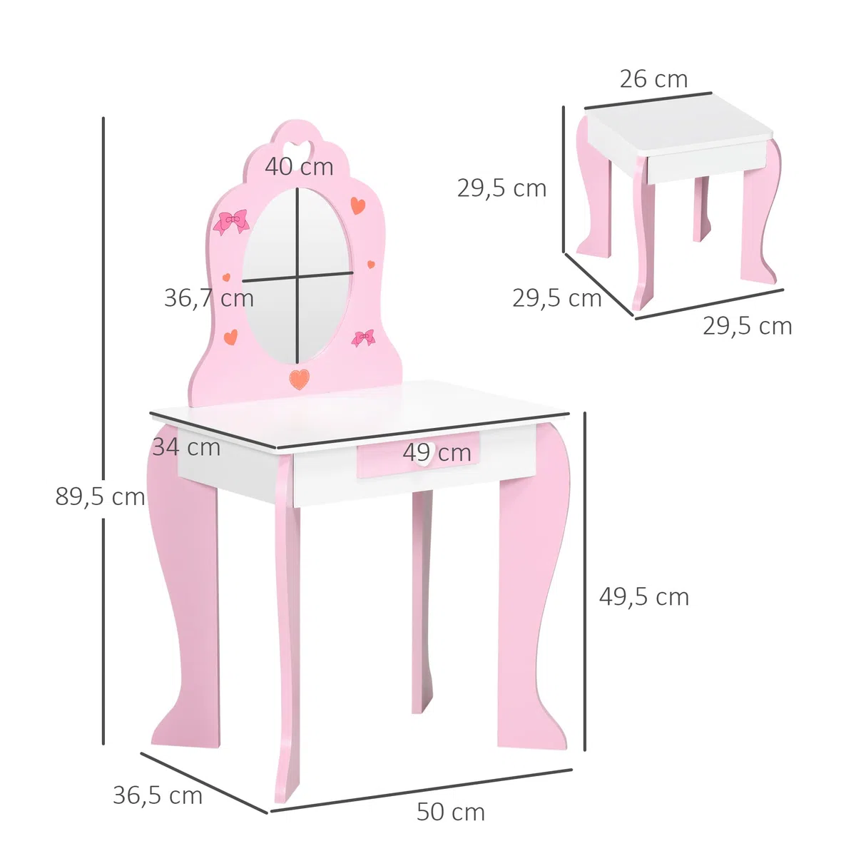 ZONEKIZ Set Tavolo Trucco con Sgabello e Specchio e Cassetto in Legno MDF per Bambini da 3-6 Anni, Bianco e Rosa
