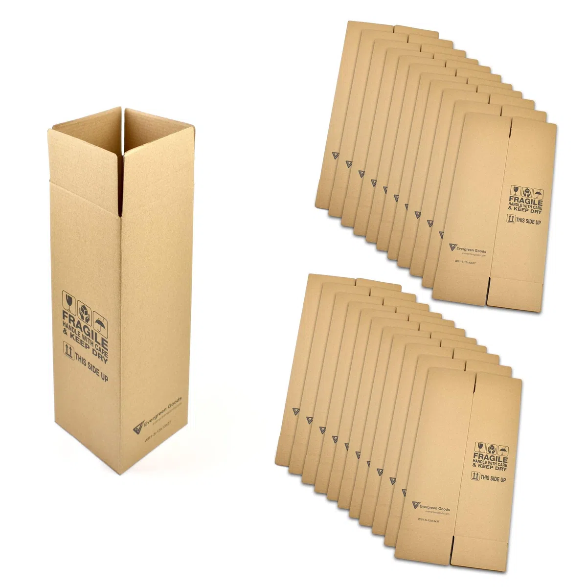 Evergreen Goods - 20 contenitori di protezione per bottiglie, 370 x 130 x 130 mm, cartone ondulato robusto, imballaggio sicuro per bottiglie da 75 cl / 750 ml, ideale per vino, birra, liquori e