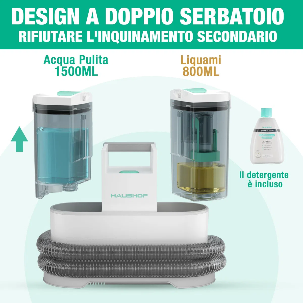 HAUSHOF StainZapper Pro - Lavatappeti Portatile 450W 11,5kPa, 1,5L lava tappezzeria ad Acqua con Detergente e Spazzola per Giunti, lava divano per Pulire Divano, Sedili Auto, Moquette e Tappeti