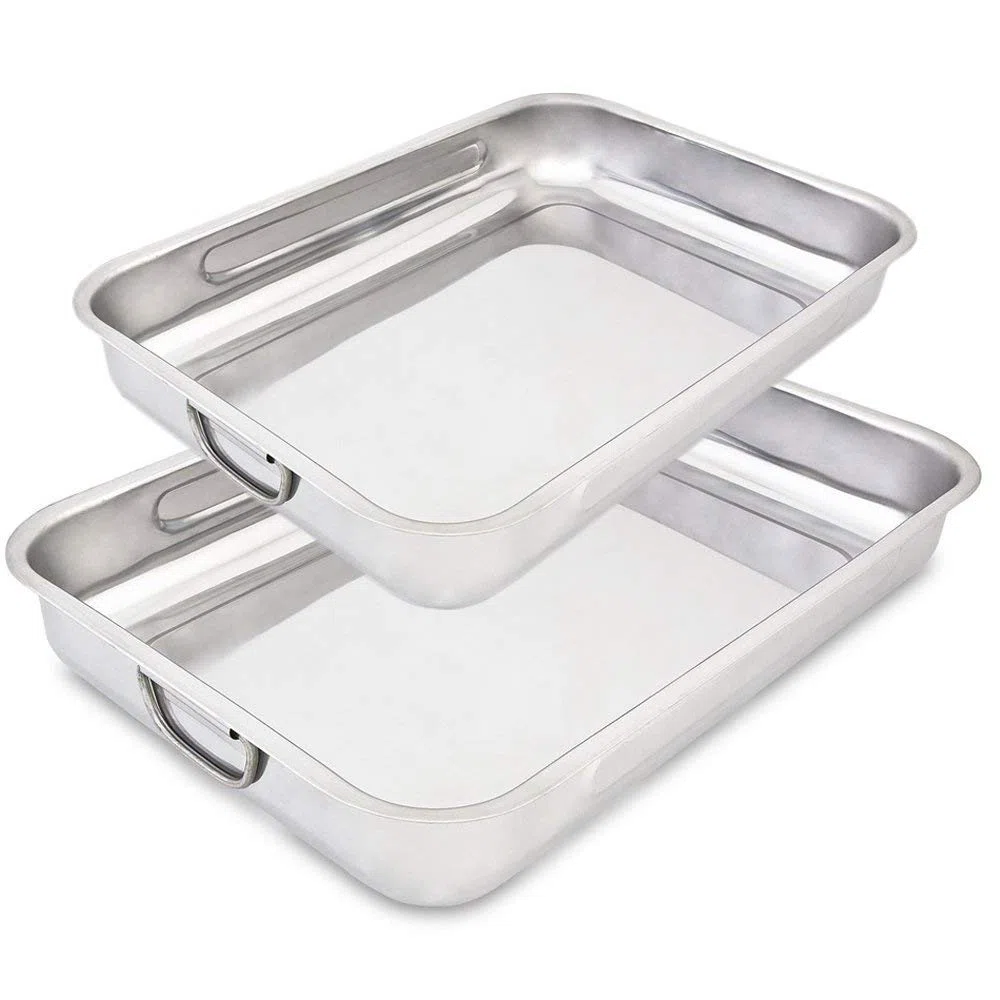 Menax - Set di 2 Teglie da Forno Rettangolari in Acciaio Inox - Stampo per Lasagna, Focaccia, Biscotti - Acciaio