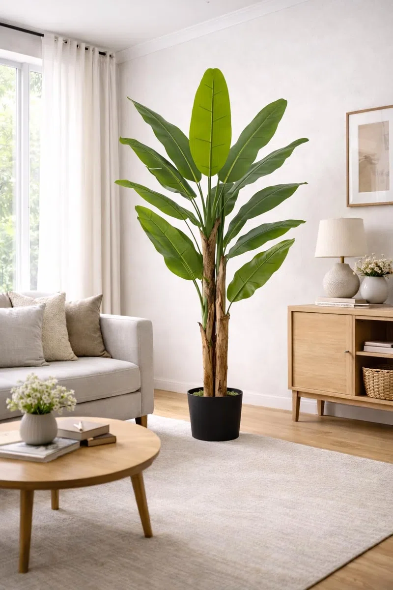 Pianta Artificiale di Banano con Corteccia Naturale, Foglie in PVC, Varie Misure, per Interni Residenziali e Commerciali (Chiquita 180 cm - 3 tronchi)