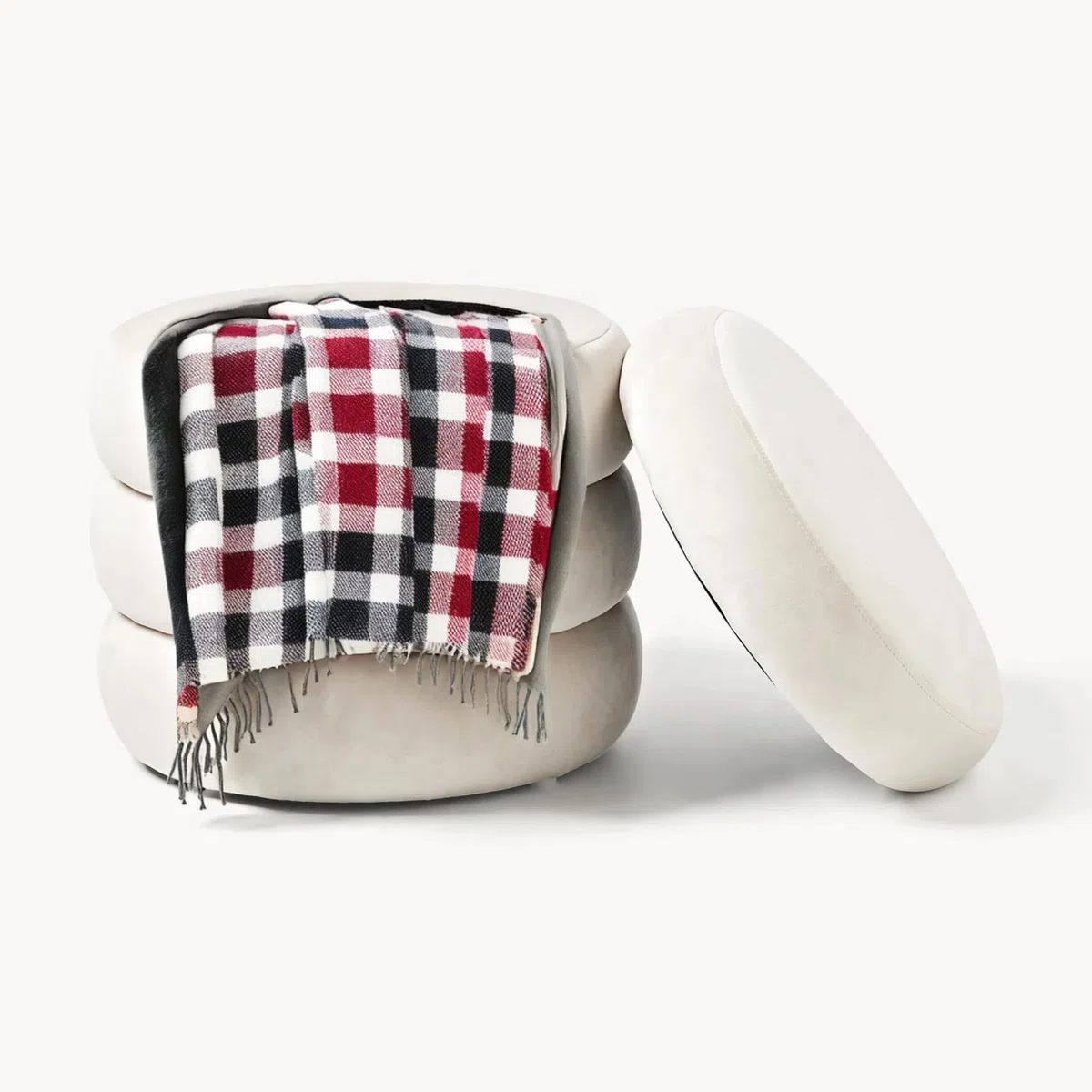 Norbe | Set di 2 Pouf | Contenitore in Velluto | Sgabello Marshmallow | Poggiapiedi imbottito Scrivania | Toeletta | Poltroncina Bimbi Da Camera e Salotto Comodino poltrona (Bianco Panna, Set 2 Pouf)