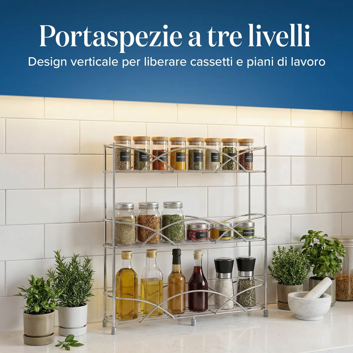 joeji's Kitchen Portaspezie a 3 Livelli - Portaspezie Da Appoggio Salvaspazio - Adattarsi a Vasetti Di Diverse Dimensioni - Adatto Per 18 Barattoli Di Spezie - Argento