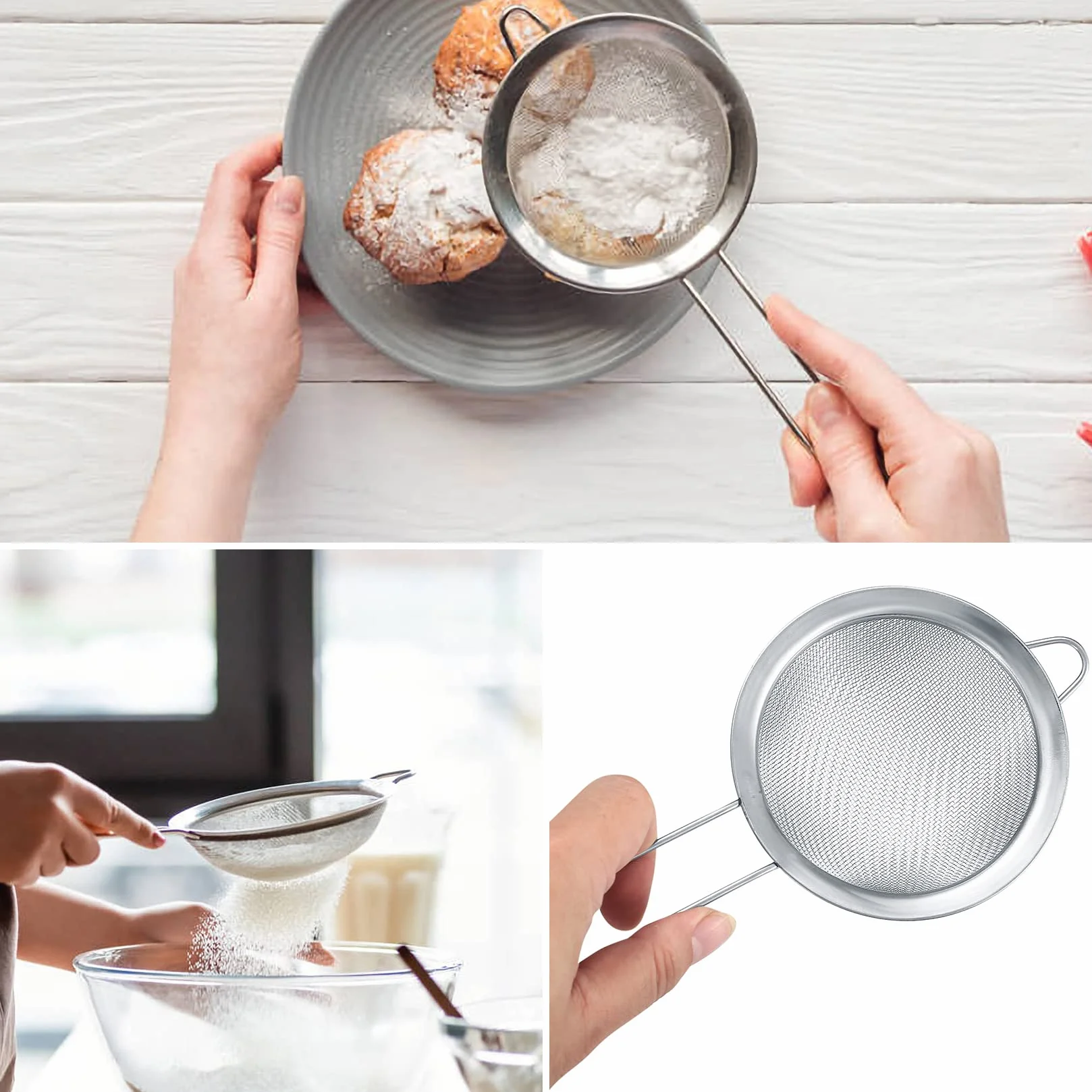 3 Pz Setaccio in Acciaio Inox, Scolapasta Colino da Cucina in Acciaio Inossidabile, Colapasta in Rete Microforato con Doppio Manico, per Pasta Verdura Frutta Cibo, Ø 24,5 cm & Ø 21,5 cm