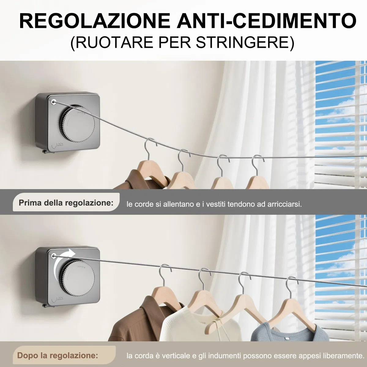 LIVEHITOP Stendibiancheria Retrattile, Corda Stendino da Parete Anti-Cedimento Acciaio Inossidabile Filo per Bucato 4.6M Regolabile Interni Esterno (Grigio)