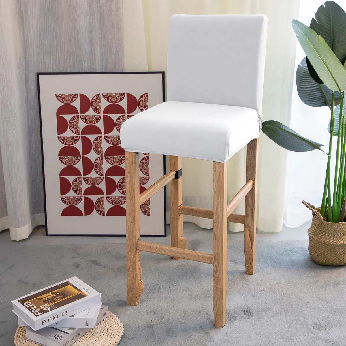 Jaotto Coprisgabelli Cucina con Schienale 4 Pezzi,Fodere Coprisedia Elasticizzati con Schienale Basso Universale,Copertura per Sgabello Alto Quadrato per Bar Caffettiere Bancone(Bianco,4 Pezzi)