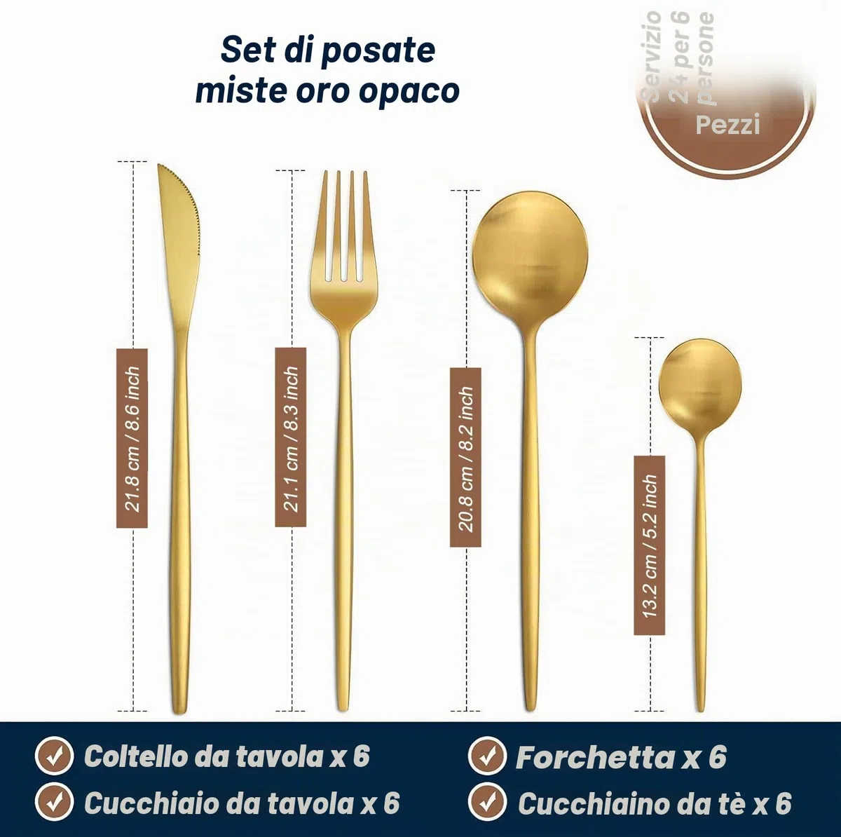 Bestdin Set di posate per 6 persone, 24 pezzi, posate oro opaco, set di posate con coltello, forchetta, cucchiaio, posate in acciaio inox di alta qualità, lavabili in lavastoviglie.