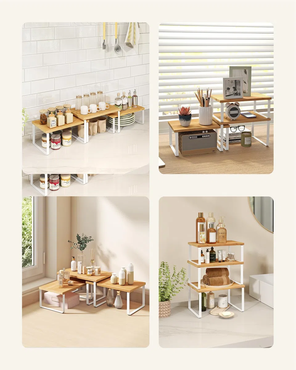 SONGMICS Organizzatori Armadio da Cucina, Set di 3 Scaffali da Banco, Impilabili, Portaspezie Espandibile, in Metallo e Legno Ingegnerizzato, Bianco Nuvola e Beige Naturale KCS014YL02