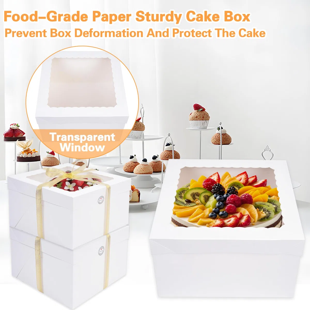 KOMABLEN Scatola per Torta 30,5x30,5x20,3cm, 10 Pezzi Bianche Scatole per Dolci in Cartone, Scatole per Torte con Finestra Vassoi, Porta Torta Cartone con Adesivi e Nastro per L'imballaggio Dessert