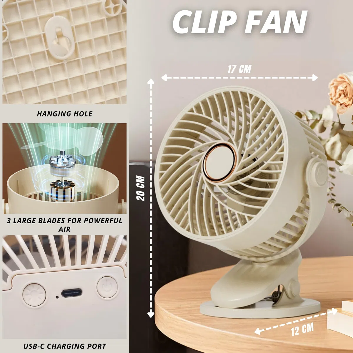 MAGIC SELECT Ventilatore con Clip, con 5 Velocità. Ventilatore da Tavolo Silenzioso, con Luce. Multisuperficie. Ruota di 360º. Batteria a Lunga Durata. USB-C, Cavo di Ricarica Incluso.