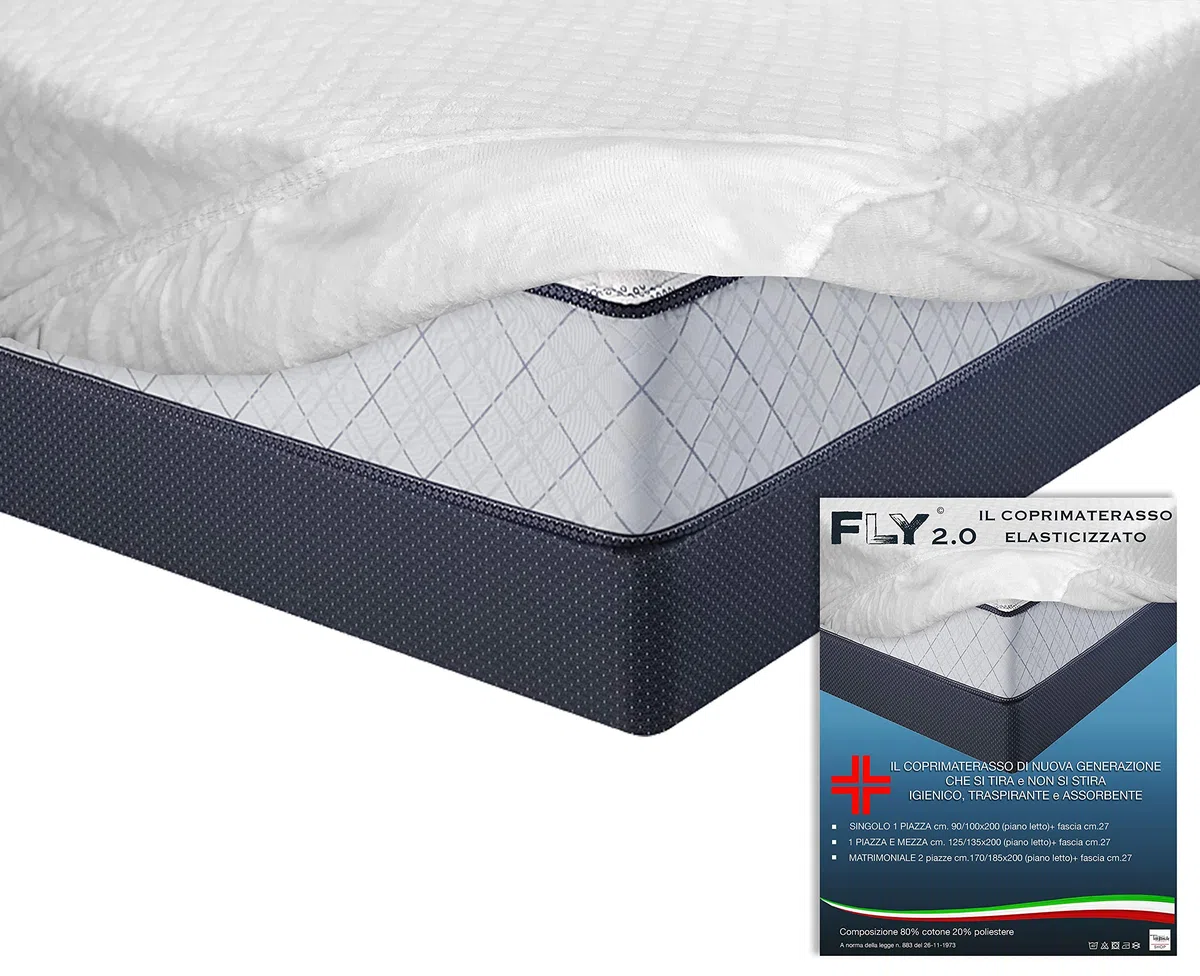Coprimaterasso Elasticizzato Fly 2.0 Spugna Jacquard con Angoli, Traspirante, Anti-piega, Lavabile, Fresco e Caldo, Adattabile a Tutti i Materassi - MATRIMONIALE 2 PIAZZE