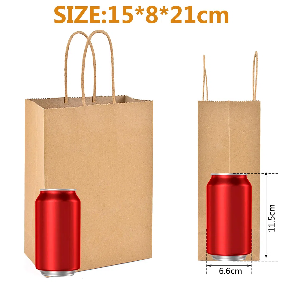 YFZYT 100 sacchetti di carta marrone con manici (21,1 x 7,6 x 15,2 cm), piccoli sacchetti regalo per feste per bambini, matrimoni, compleanni (15 x 8 x 21 cm)