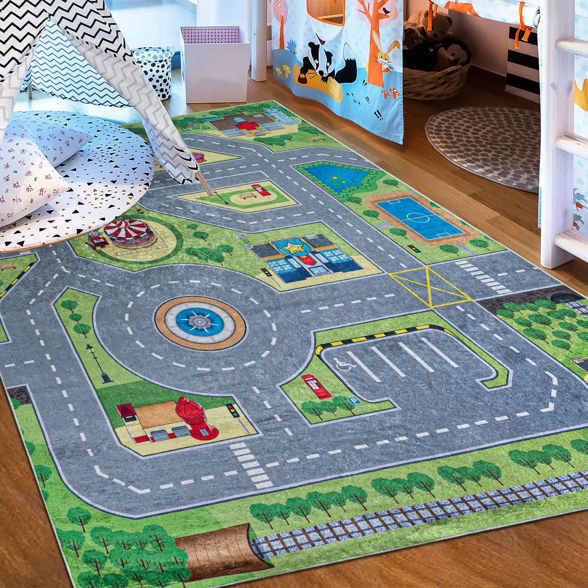 Mazovia Tappeto Salotto - Tapeto Stampato Pelo Corto - Morbido Tappeto Camera da Letto - Antiscivolo Tapeto EMMA - Tappeto Bambini Motivo Città e Via - Multicolore Verde 80x150cm