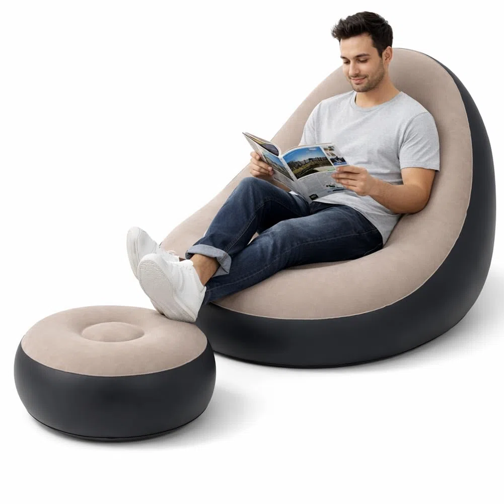 BAKAJI Poltrona con Pouf Gonfiabile per Interni ed Esterni con Doppia Texture, Divanetto Gonfiabile in PVC ed Effetto Velluto, Ottomano per Adulti e Bambini da Campeggio, Casa, Giardino, Mare (Grigio)