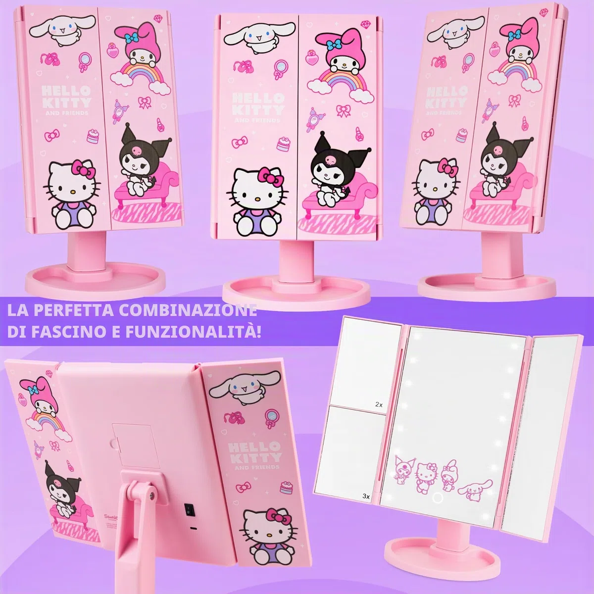 Get Trend Hello Kitty Sanrio Specchio Vanity con 16 LED Luci Tri-Fold Illuminare Specchi da Trucco con 3 Modalità Ingrandimento e Sensore Touch