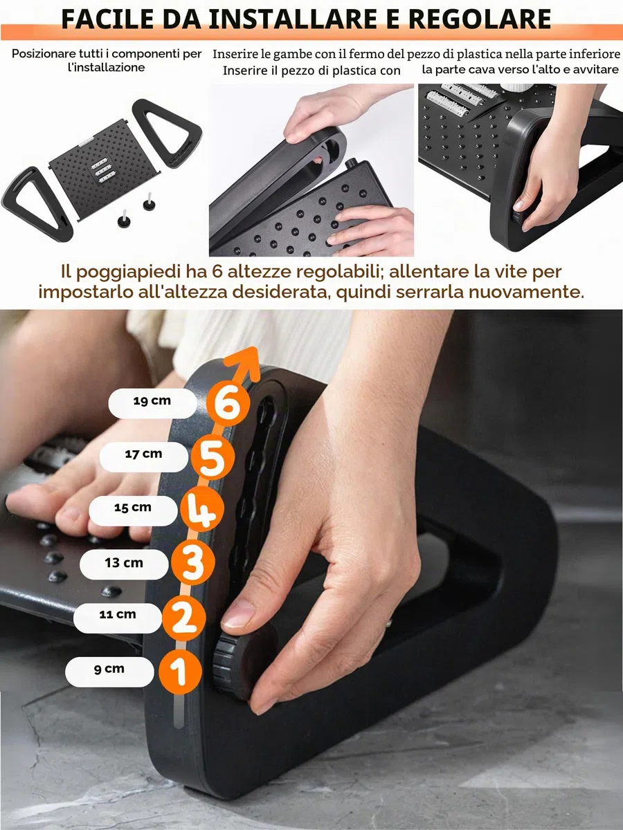 Poggiapiedi Ergonomico per Ufficio, Supporto per i Piedi per Scrivania Regolabile, Antiscivolo, Poggiapiedi con Funzione Massaggio, Migliora la Postura e la Circolazione, Ideale per Lavoro e Casa