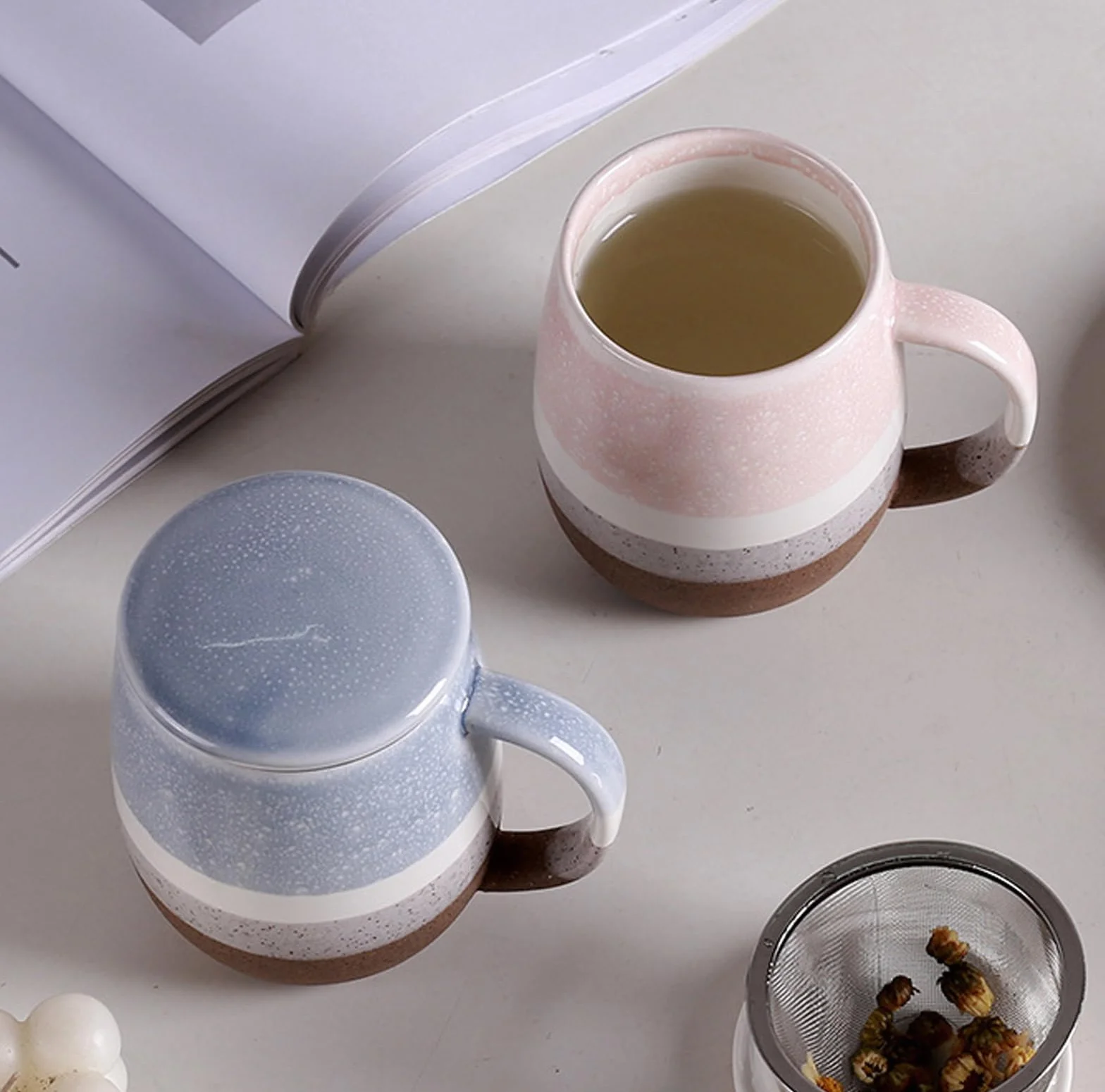 Tazza da tè con coperchio e colino, grande tazza in ceramica, 400 ml, per ammollo del tè