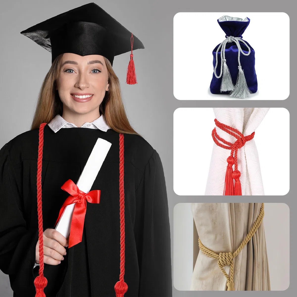 QUARKZMAN 4 Cordoni di Laurea, Cordoni d'Onore con Nappa, Cordone d'Onore 2025 con Nappa, Cordoni Intrecciati per Toga da Laurea, Rosa