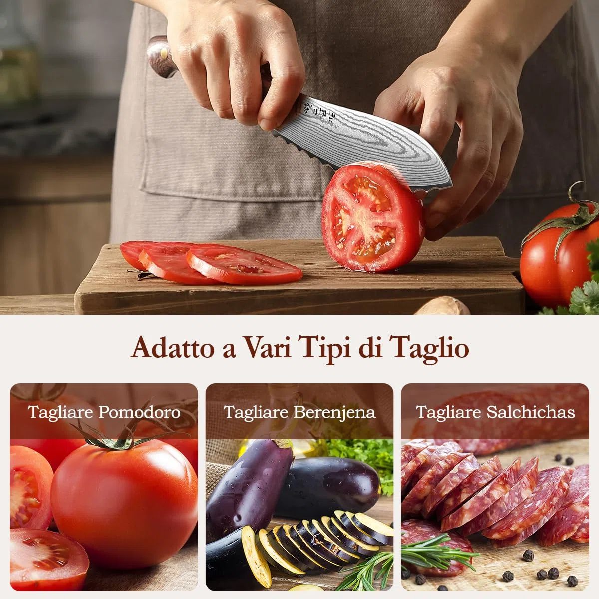 HEZHEN Damasco Coltelli da Pomodoro, 67 Strati di Acciaio Damasco Coltelli ad Alto Tenore di Carbonio, Lama Seghetta Coltelli per Frutta e Verdura, Full Tang Manico in Micarta