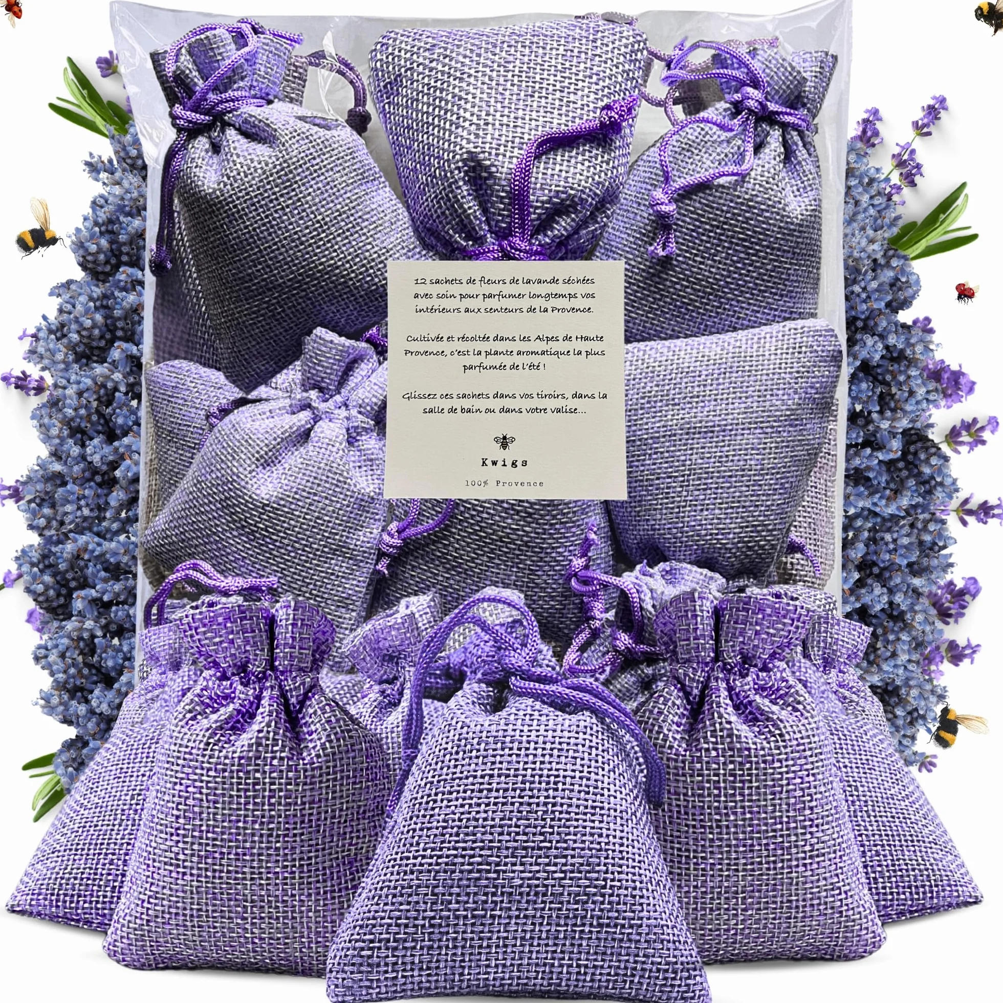 Sacchetto di lavanda in iuta foderata – 12 sacchetti color lavanda senza OGM riempiti a mano – piccola borsa per armadi, biancheria, armadio – fiori di alta Provenza – nuova raccolta