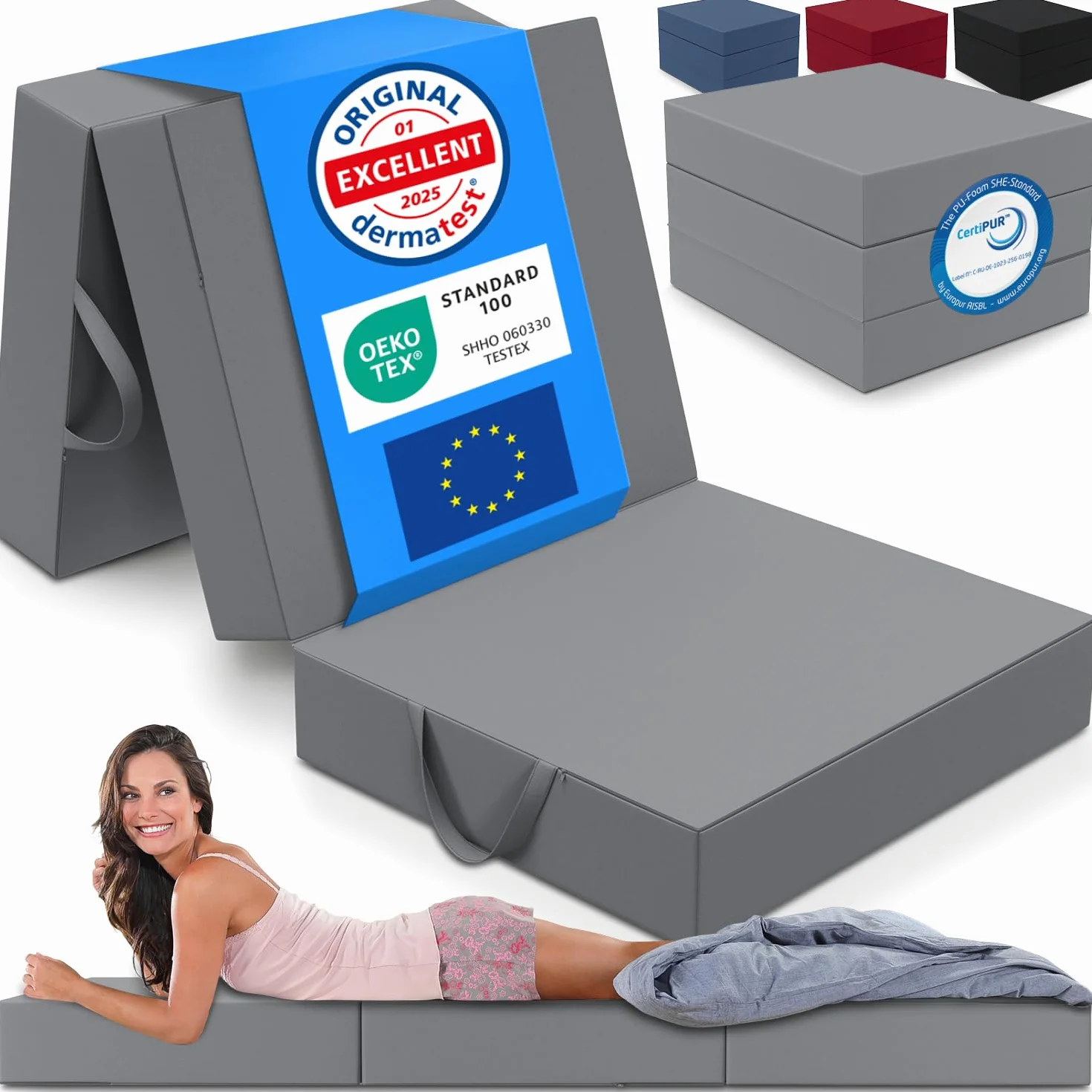 ELONEO materassino pieghevole per ospiti, materasso pieghevole a 3 parti, spugna extra spessa (15cm), lavabile, cubo a disco intervertebrale, adulti (grigio, 75 x 195 x 15 cm)