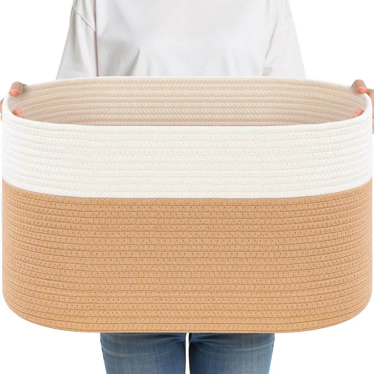 Cesta Portabiancheria, 65L Cesto Portaoggetti con Manici, Secchi per La Biancheria Cesta Giochi Bambini Grande per Cuscini per Giocattoli, Soggiorno, Camera da Letto (55 X 38cm,Juta e bianco)