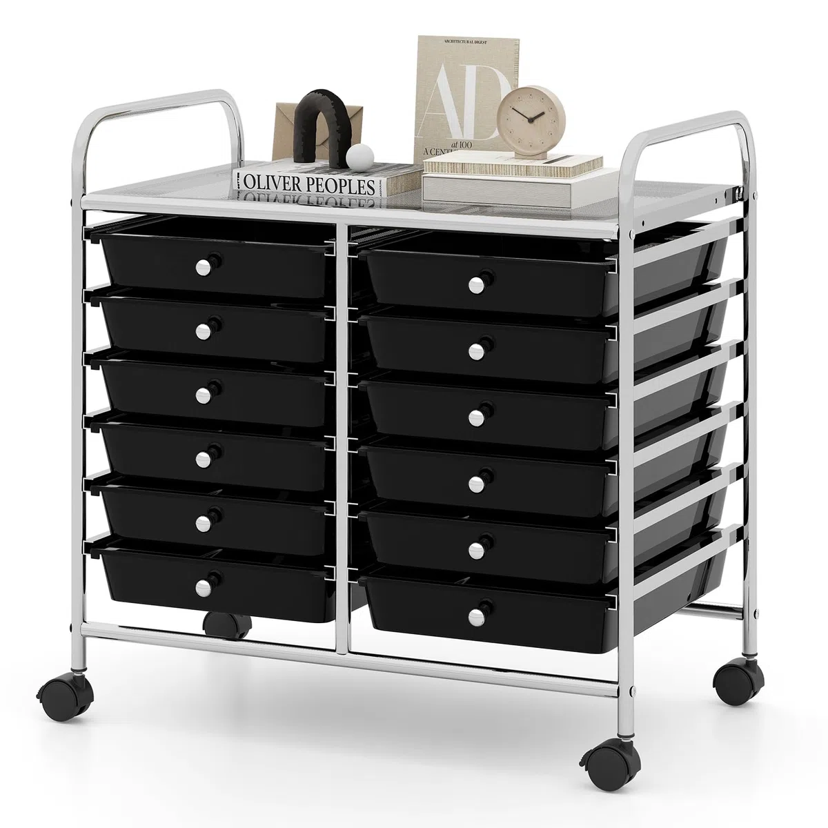 RELAX4LIFE Carrello di Stoccaggio con 12 Cassetti Estraibili, con Ruote Bloccabili e Maniglie, Struttura in Metallo, Carrello di Servizio con Ampia Piano per Soggiorno, Sala Giochi (BIANCO)