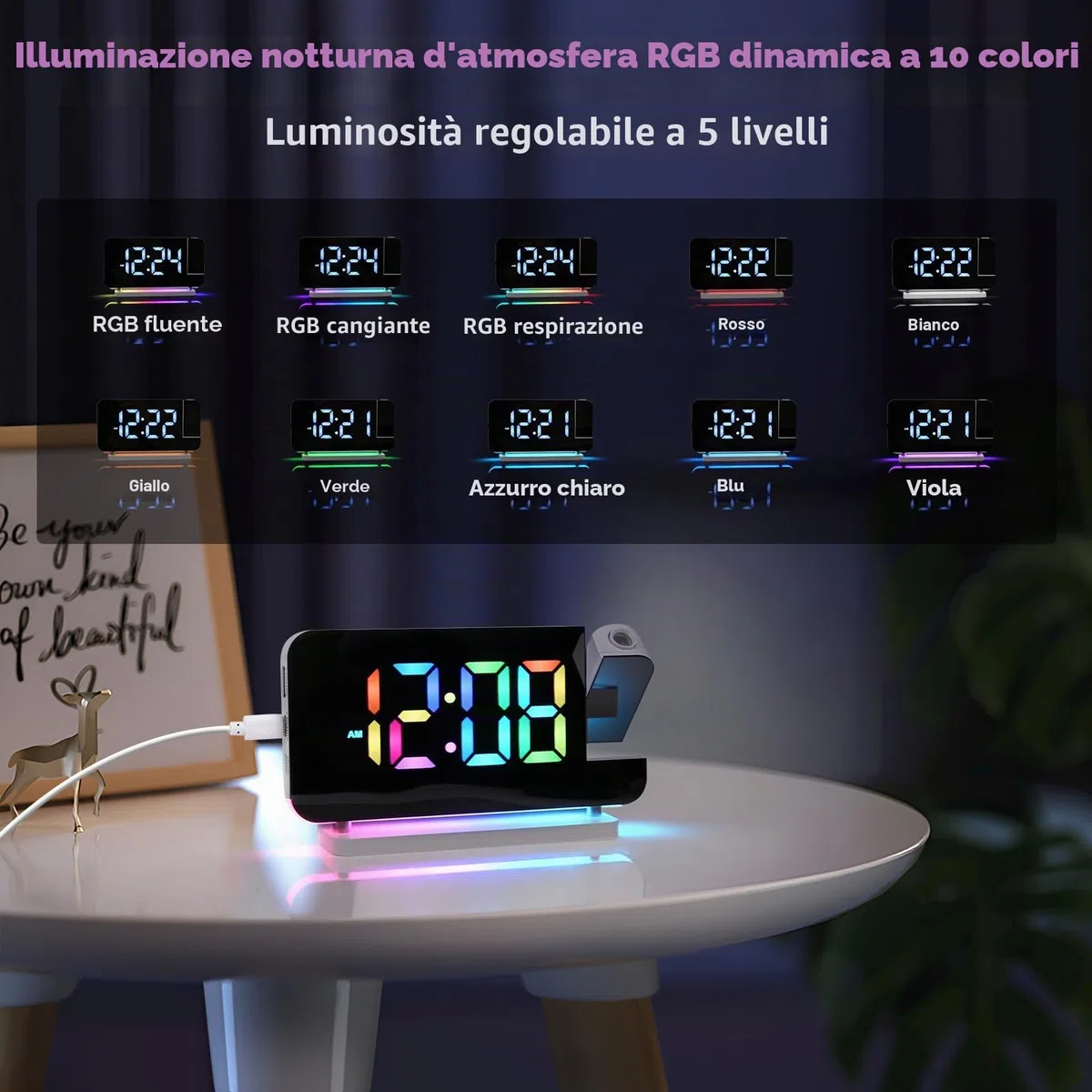Euakee Sveglia Digitale, Sveglia con Proiezione, Orologio a Specchio LED da 7,4”, Luce Notturna a 10 Colori, Proiettore Ruotabile di 180°, Caricatore USB-C per Bambini Cameretta (Bianco)