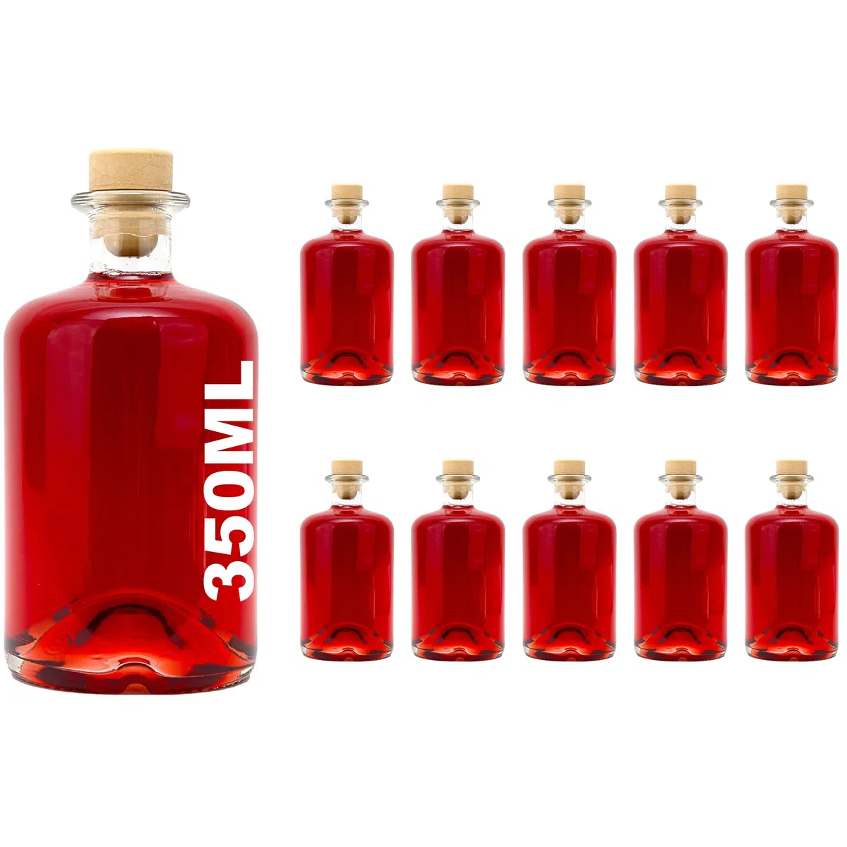 10 bottiglie vuote di vetro da 350 ml, flaconi da farmacista con tappo di sughero, per vino, liquore, aceto e olio, da riempire, 0,35 l