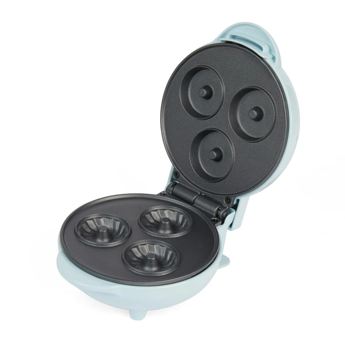 Petra PT4693BLNVDE - Macchina per mini ciambelle, elettrica e antiaderente, piastra da 12,5 cm, preriscaldamento circa 2 minuti, facile pulizia, 3 ciambelle per volta, compatta, 550 W, blu pastello