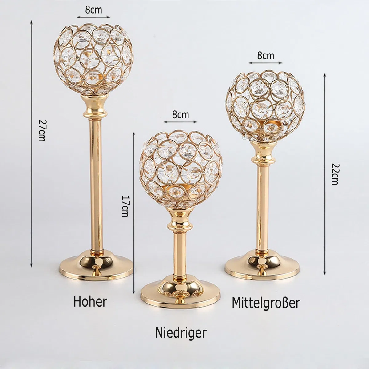 Set di 3 portacandele in cristallo dorato, per tavolo di nozze e decorazioni natalizie, 17/22/27 cm, decorazione da tavolo per cena