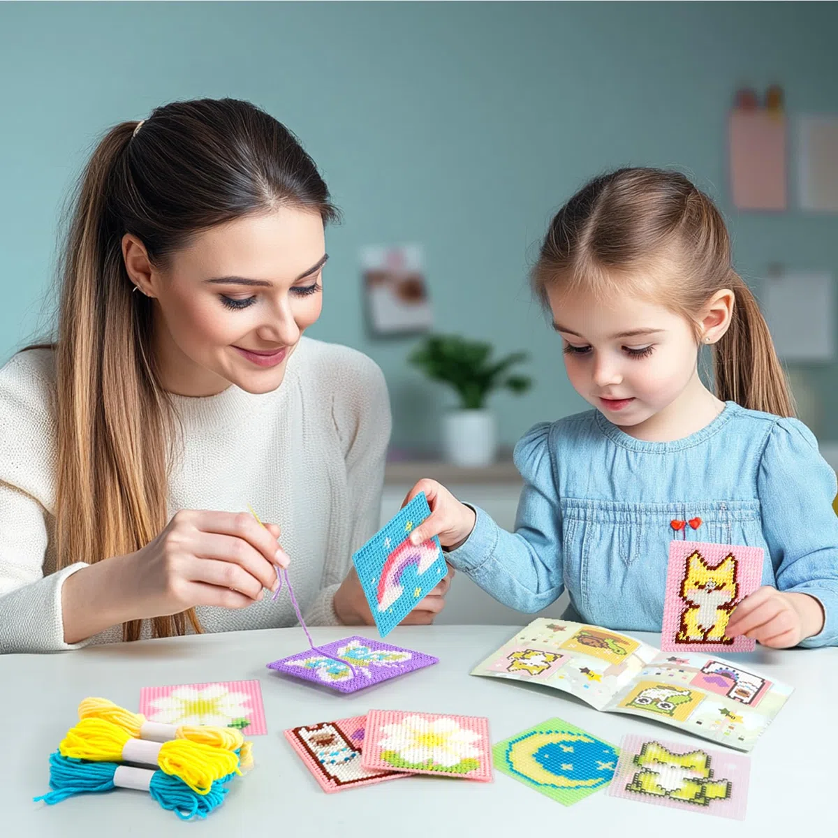 Pllieay Kit per Principianti di Punto Croce Bambini, Kit di Ricamo per Principianti Include 10 Pezzi di Tela in Plastica con Diversi Motivi, 14 Fili Colorati, Istruzioni e Scatola Colorata.