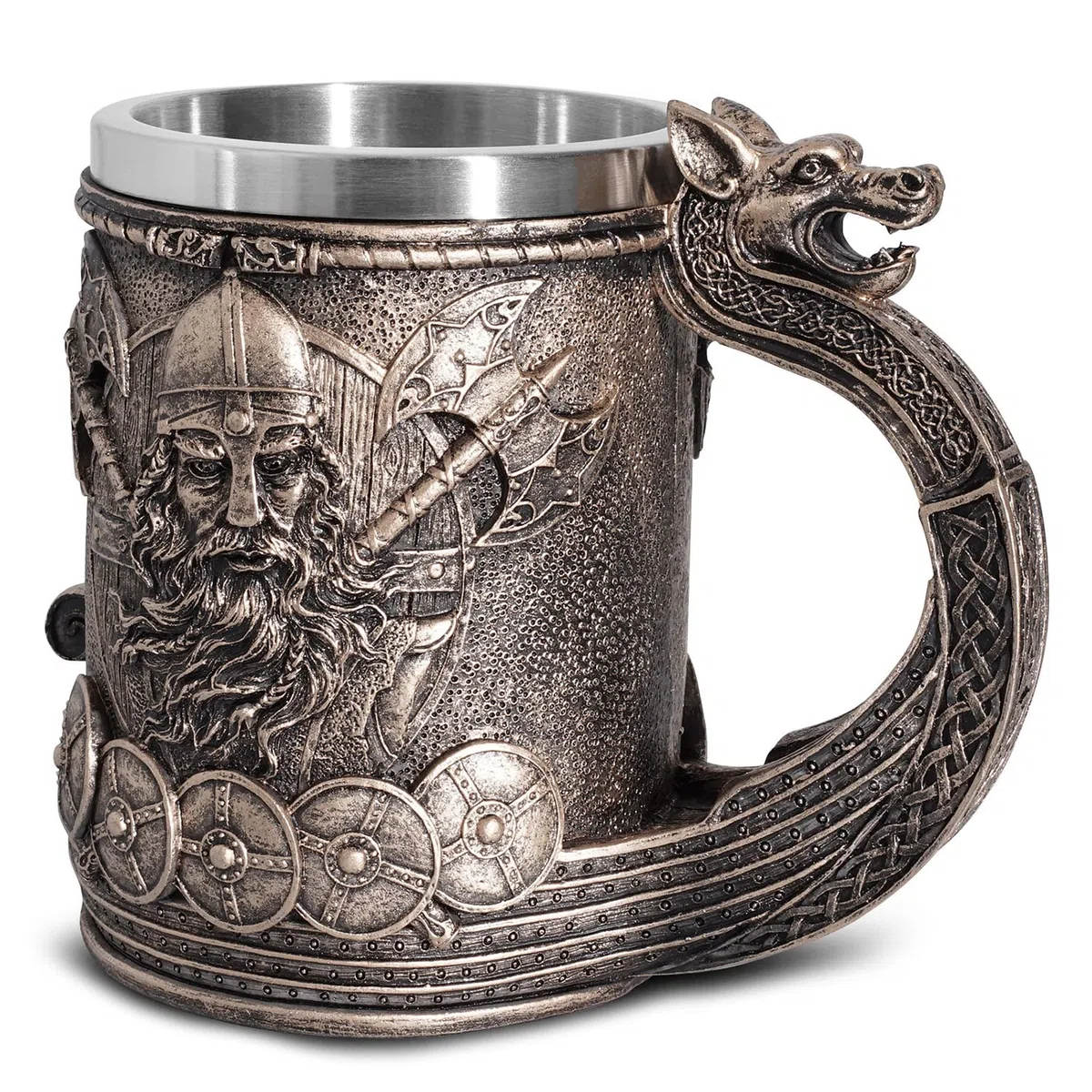OTARTUDE Boccale da birra rivestito in acciaio inox, motivo norreno con nave Drakkar vichinga, guerriero e dragone, idea regalo, da collezione, 550 ml