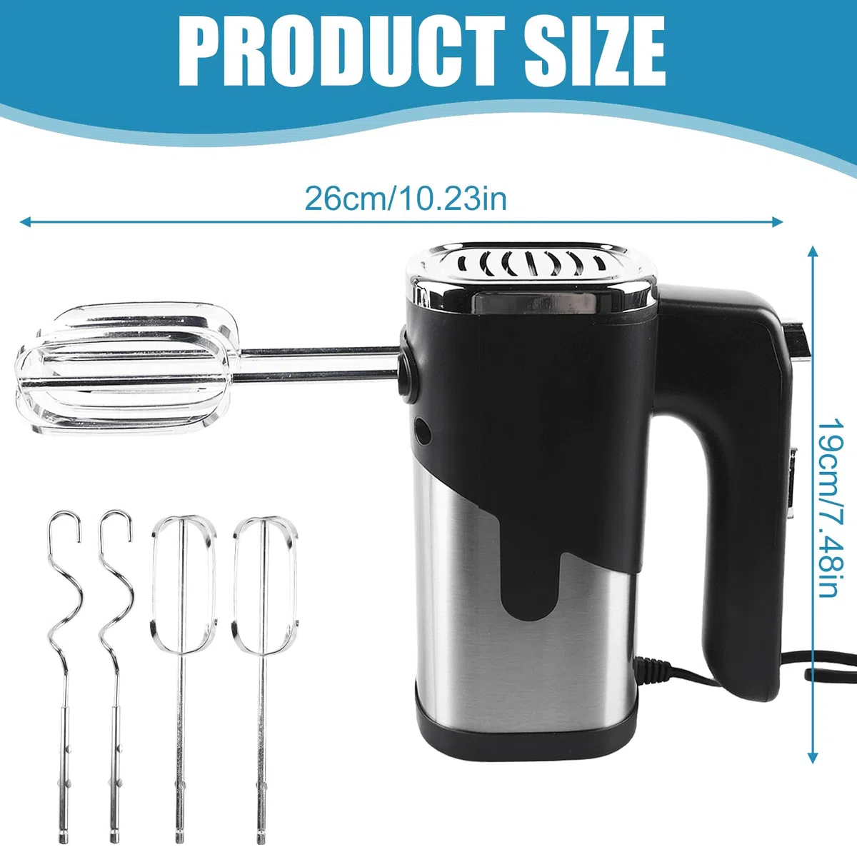 Frullatore a mano, 800 W, miscelatore elettrico a mano, mixer con 4 accessori in acciaio inox, 5 livelli di regolazione, impastatore manuale in acciaio inox, mixer manuale, mixer da cucina,