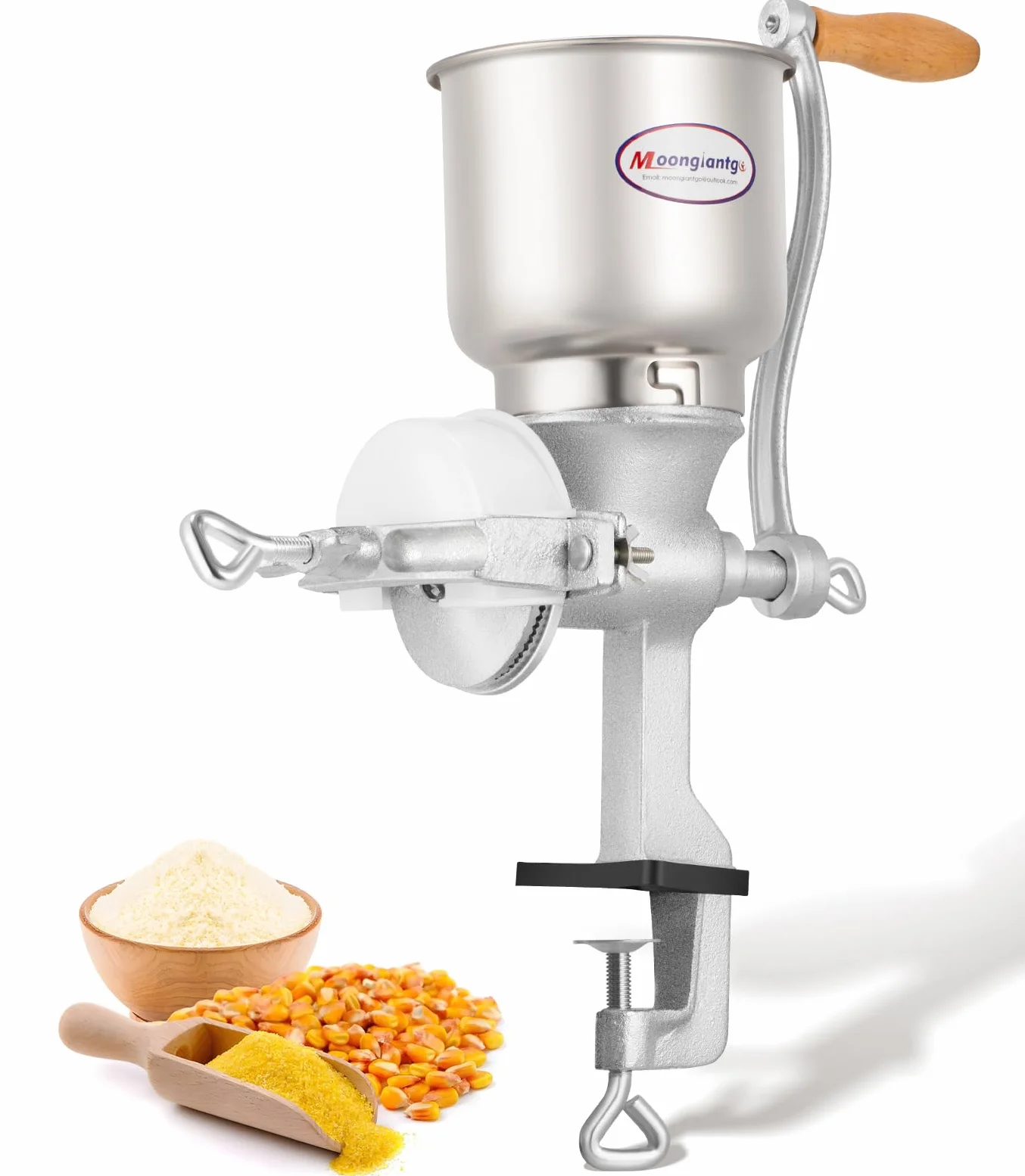 Moongiantgo Mulino Manuale per Cereali con Tramoggia Grande da 13cm & Morsetto da Tavolo da 4cm, Finezza di Macinatura Regolabile, Macina a Mano in Ghisa, per Noci, Caffè, Semi, Mais, Spezie
