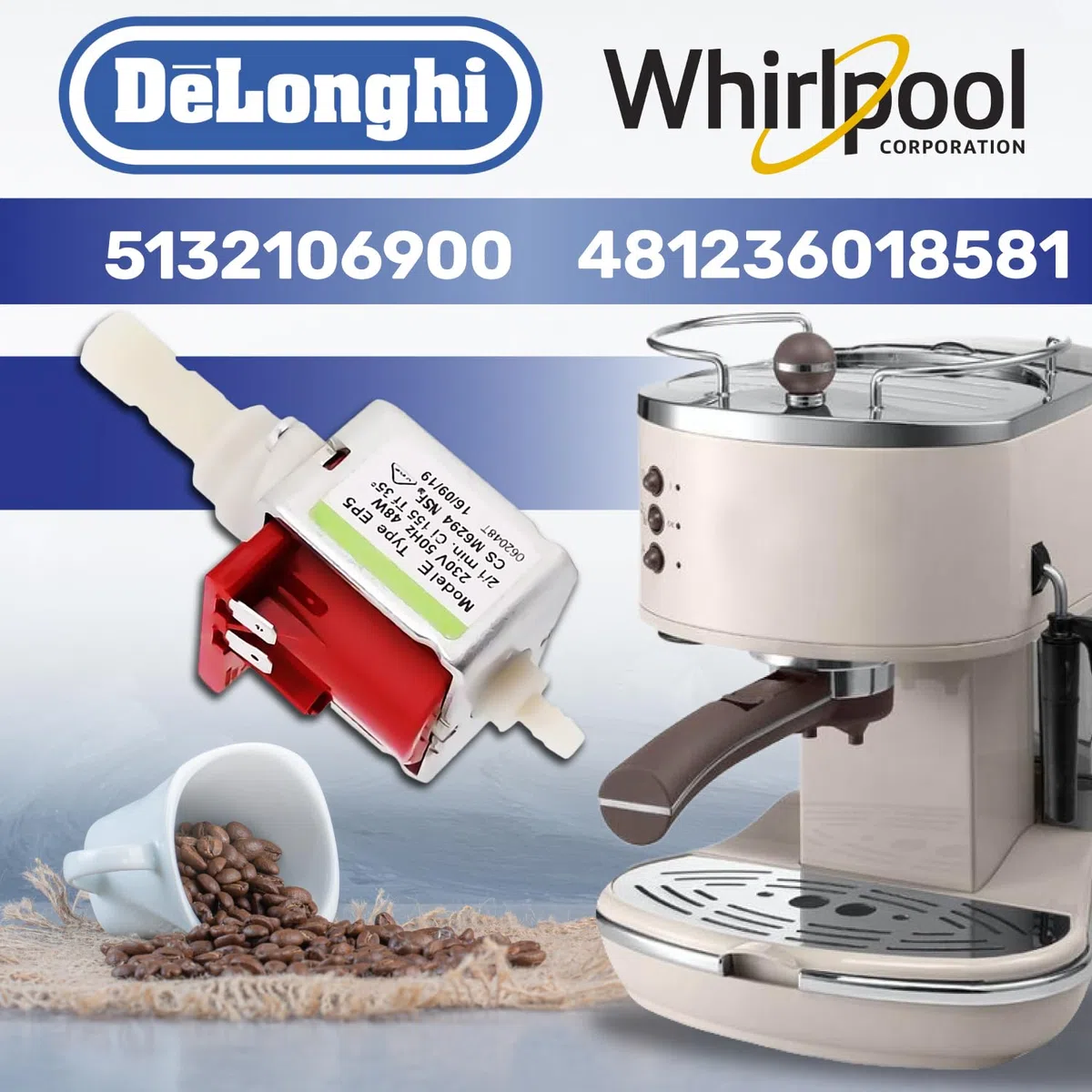 Pompa EP5 Acqua per Macchina da Caffe - 230/240V 50Hz 48W 15bar 2/1 on-off - Portata 650cc/min - 5132106900 per DeLonghi 481236018581 per Whirlpool - Garanzia di 10 Anni - MONTERAL
