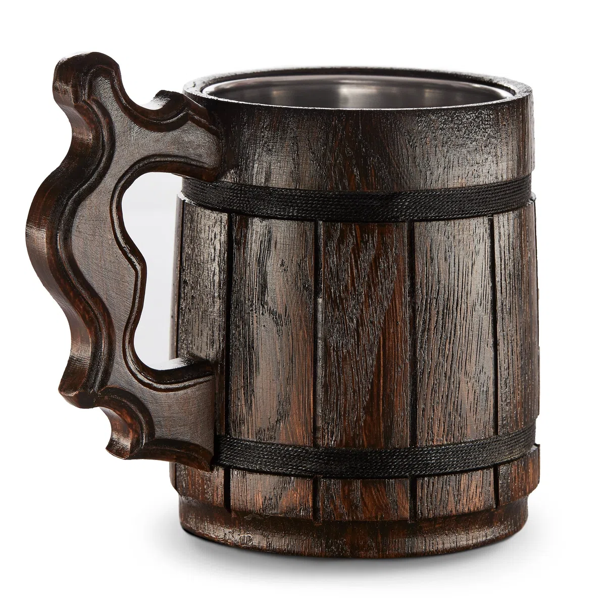 Boccale Birra Legno - in quercia - fatto a mano con sorprendente maestria e materiali di qualitŕ - foderato in metallo - Resistente - Robusto - Di Lunga Durata