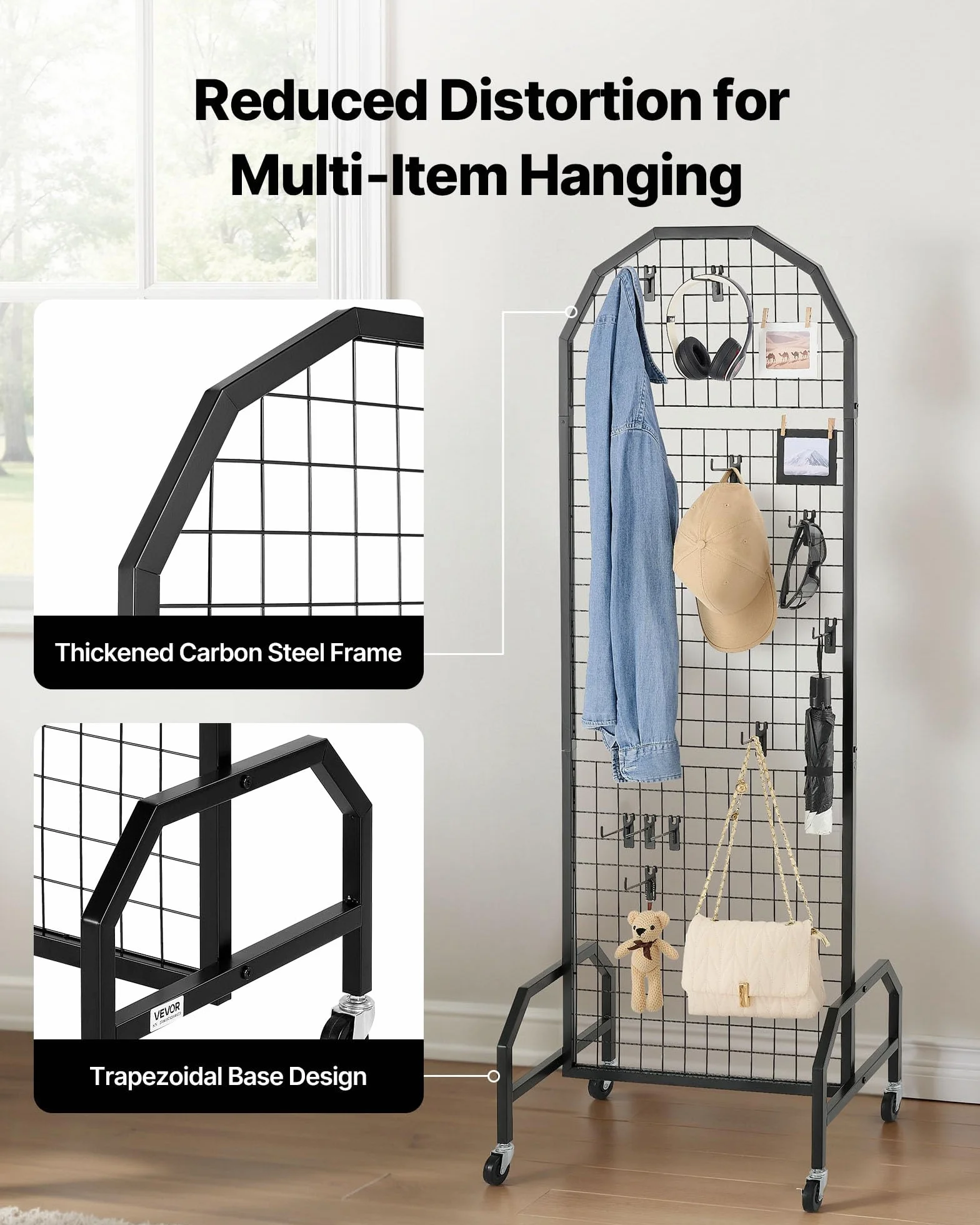 VEVOR Parete Pannello a Griglia 60 x 164 cm 2 pezzi Espositore da Pavimento con 20 Ganci, Parete a Pannello in Acciaio al Carbonio, Scaffale per Esposizione per Decorazioni, Nero