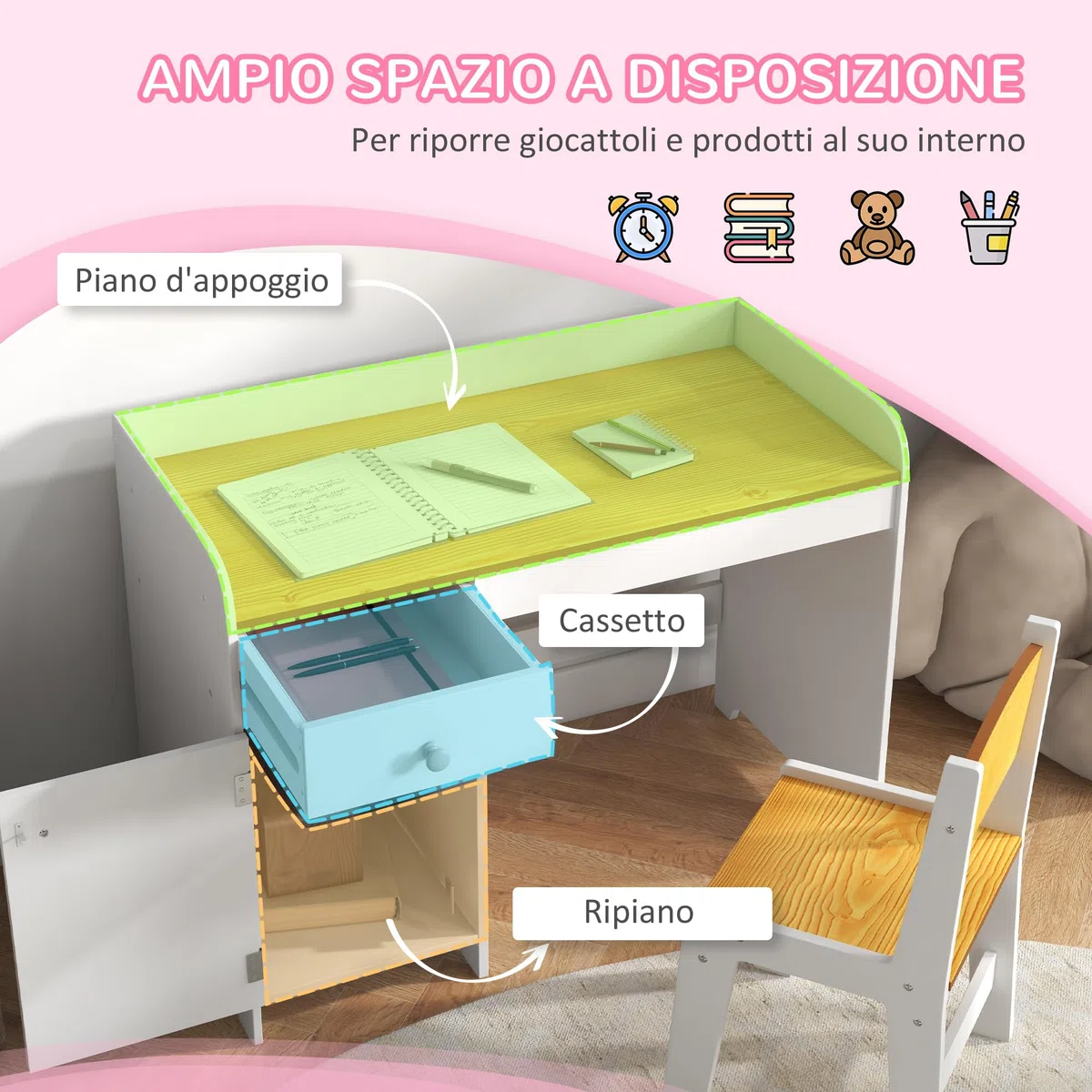 ZONEKIZ Tavolo Scrivania per Bambini con Sedia, Banco Scuola per Bambini da 3 a 6 Anni in Legno con Cassetto e Seggiola Abbinata, Bianco