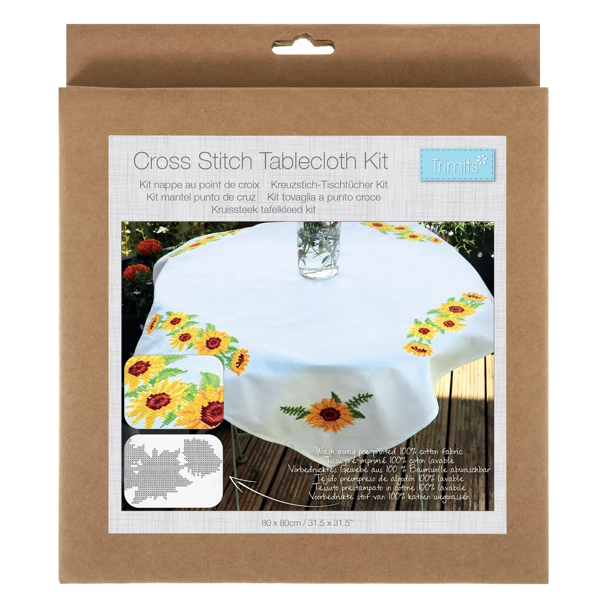 Trimits Kit per punto croce stampato, tovaglia – include tessuto stampato, fili, ago e istruzioni, 80 x 80 cm, girasoli
