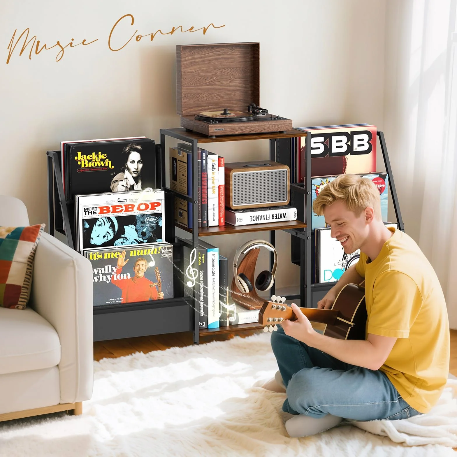 Supporto per giradischi, Tavolo a 3 livelli, Stoccaggio di dischi in vinile fino a 200 album, 123 * 30 * 73 cm, Supporto per giradischi per l'esposizione e l'archiviazione in soggiorno, camera