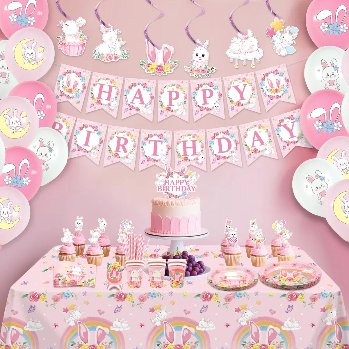 Bunny Decorazioni per feste di compleanno – Accessori per feste con coniglio tra cui striscioni, piatti, decorazioni per torte, bicchieri, tovaglioli, palloncini, tovaglie, per 20 persone (LQ